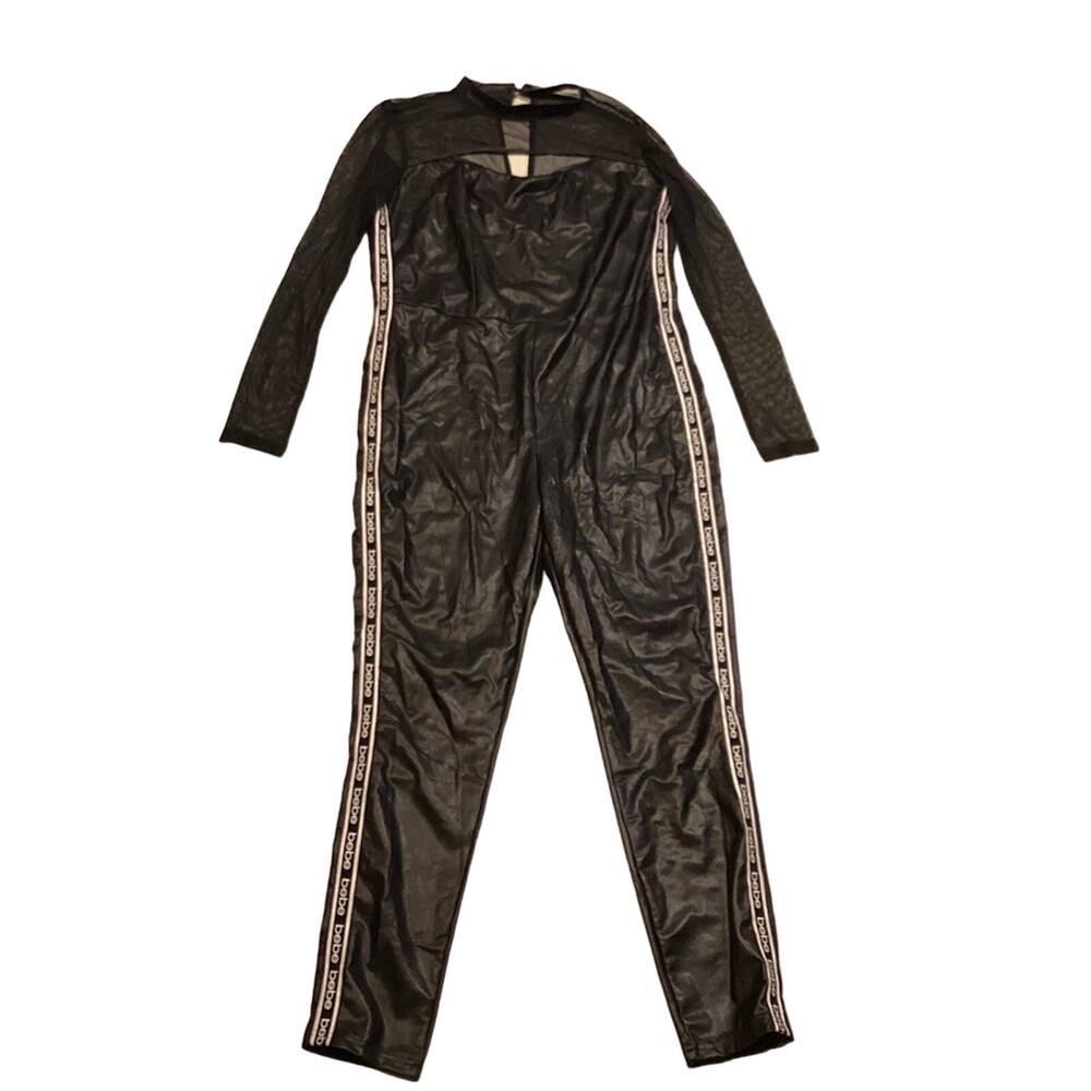 BEBE Black Faux Leather Jumpsuit Mesh Long Sleeve Womens Size XL